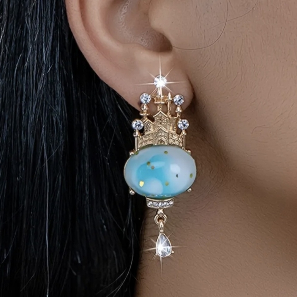 Gold and Blue Enchanted Castle Earrings - Picture 3 of 4